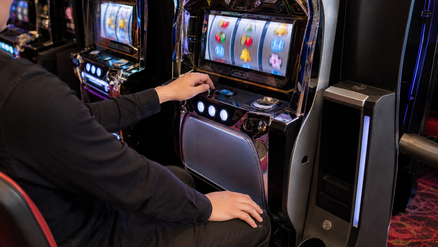 メダルを使わずパチスロ機の操作に集中する遊技客