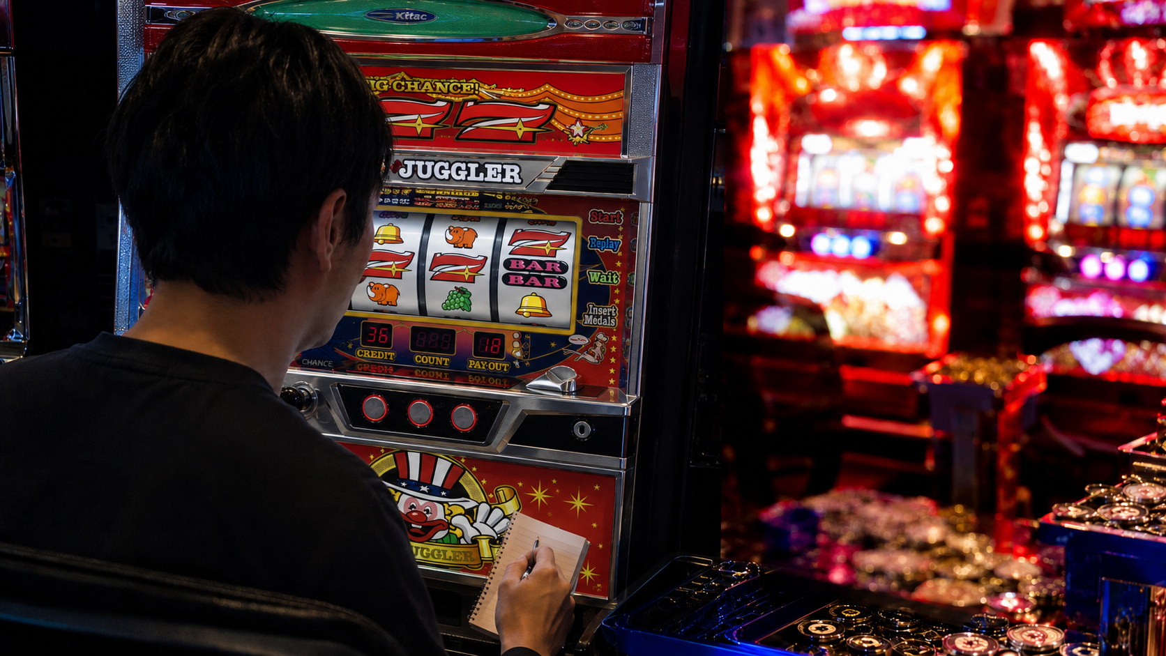派手な出玉に惑わされずREGの記録を確認するパチスロ客