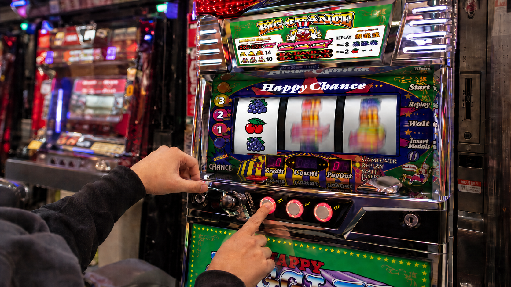 左リールの赤7とチェリーを見ながら順押しする遊技者の手元