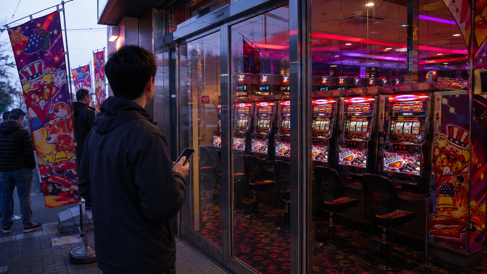 朝のパチスロホールで複数の候補台を見比べる遊技者