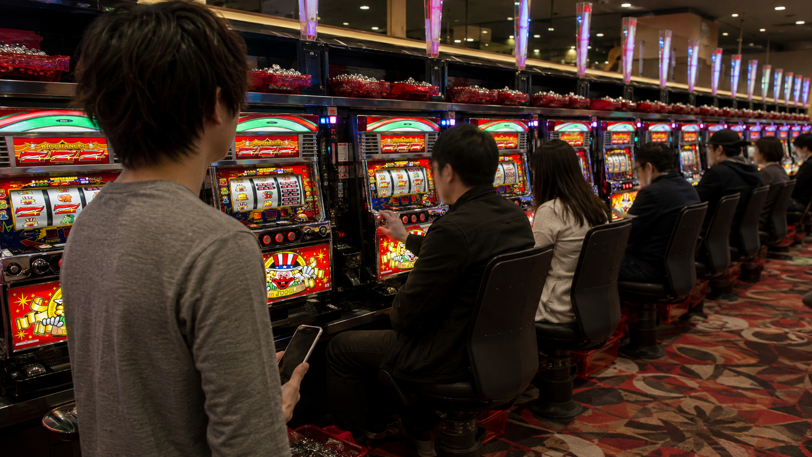 パチスロ店の島全体を見渡して候補台を慎重に選ぶプレイヤー