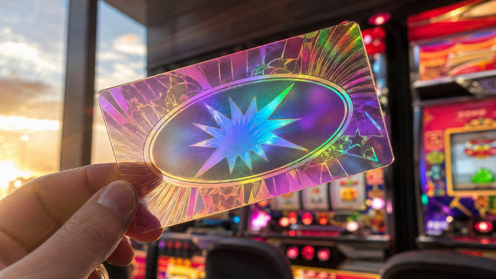 窓辺の光にかざされ、透過部分が虹色に輝くプレミアムカード
