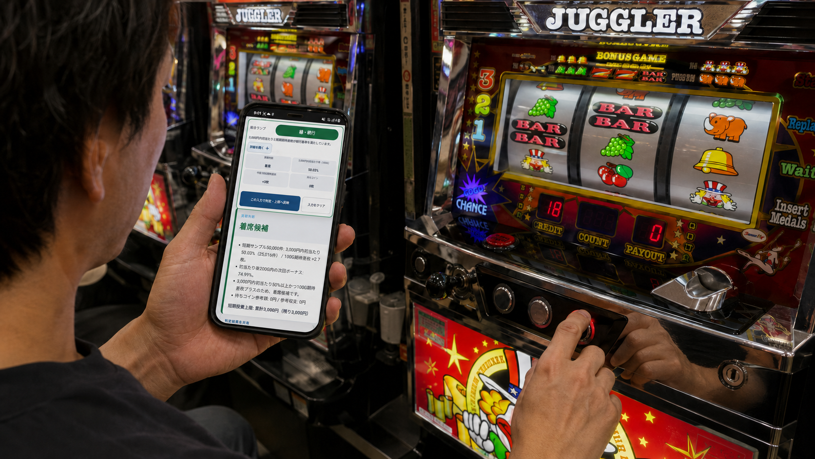 ホールでジャグラーの判定結果と動画・記事をスマートフォンで確認する利用者