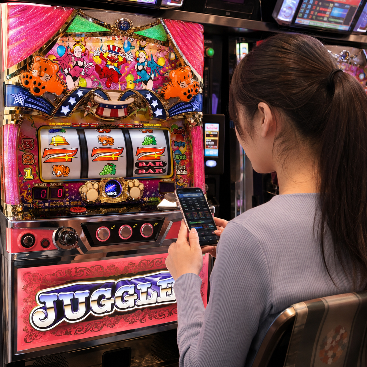 ジャグラー筐体のデータ表示器とスマートフォンを見比べる初心者