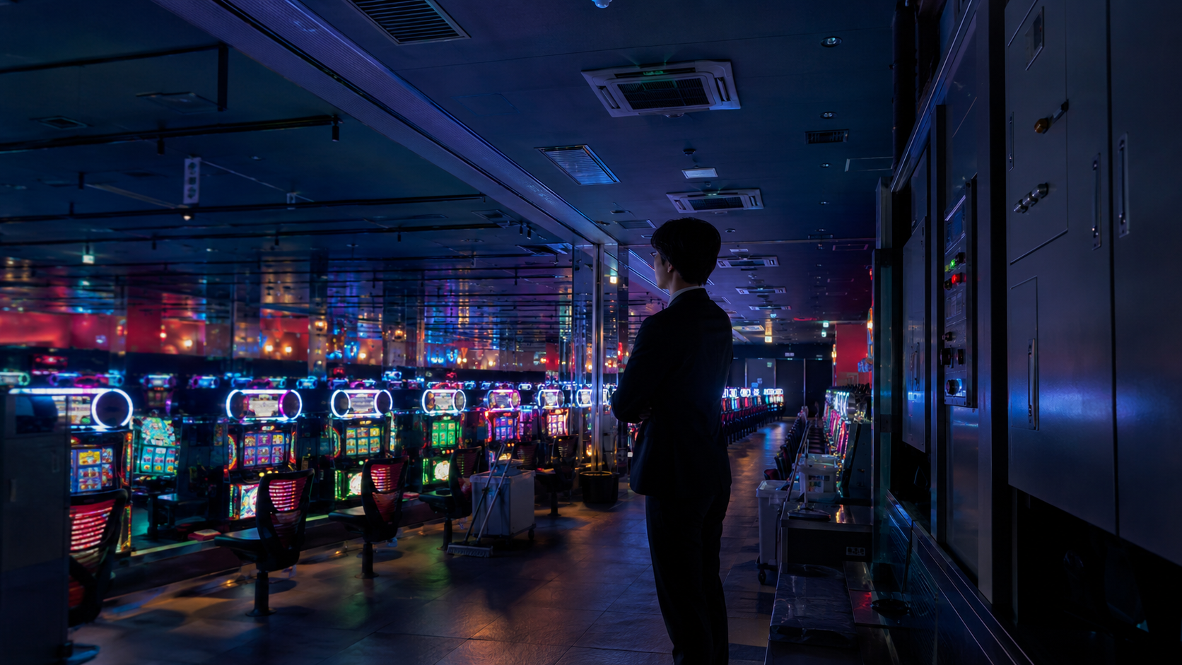 営業終了後の遊技機列を見渡すパチンコホールの責任者