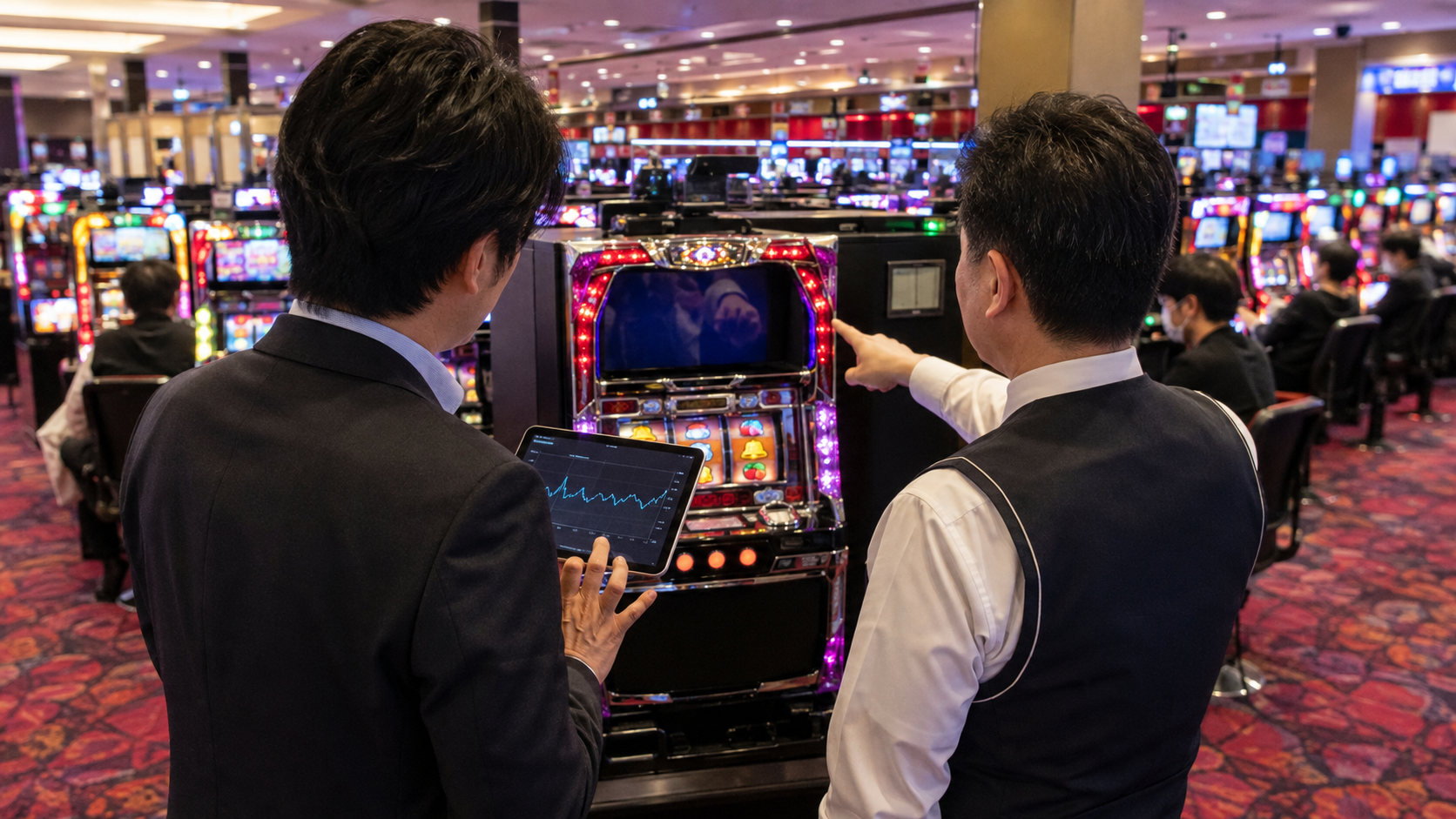 市場データと試作筐体を囲んで協議する遊技機メーカーの各部門担当者
