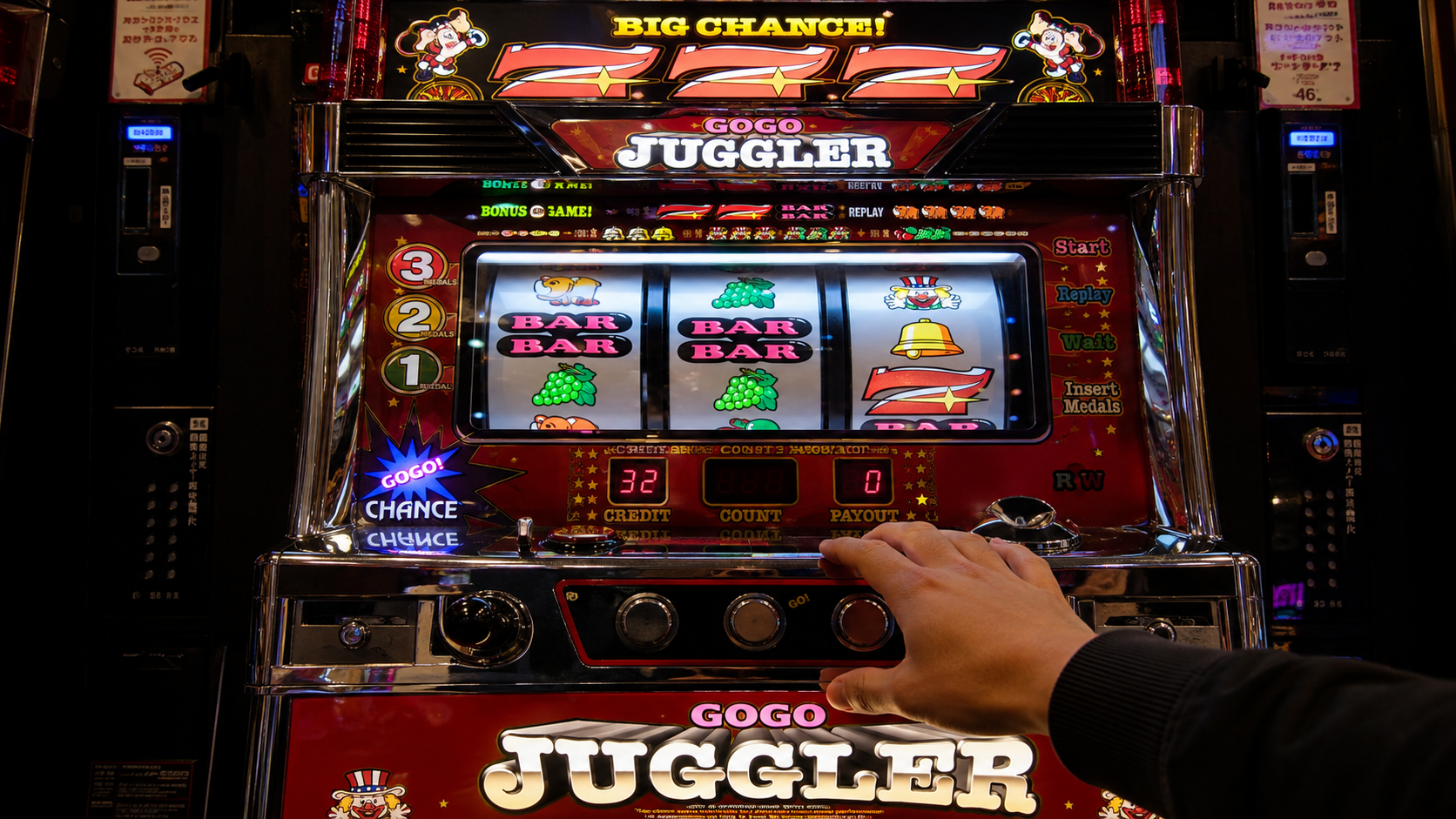 GOGO!ランプ点灯と告知音の瞬間に手を止めるジャグラー遊技客