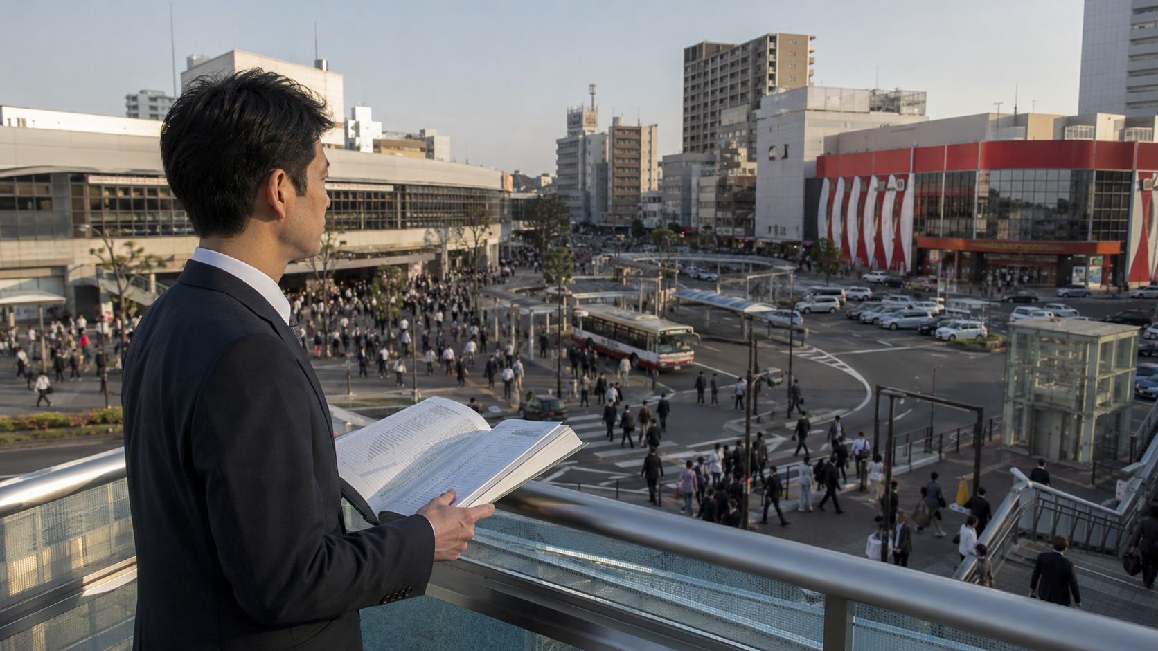 駅前の人流とホールの位置を統計資料で確認する店舗開発担当者