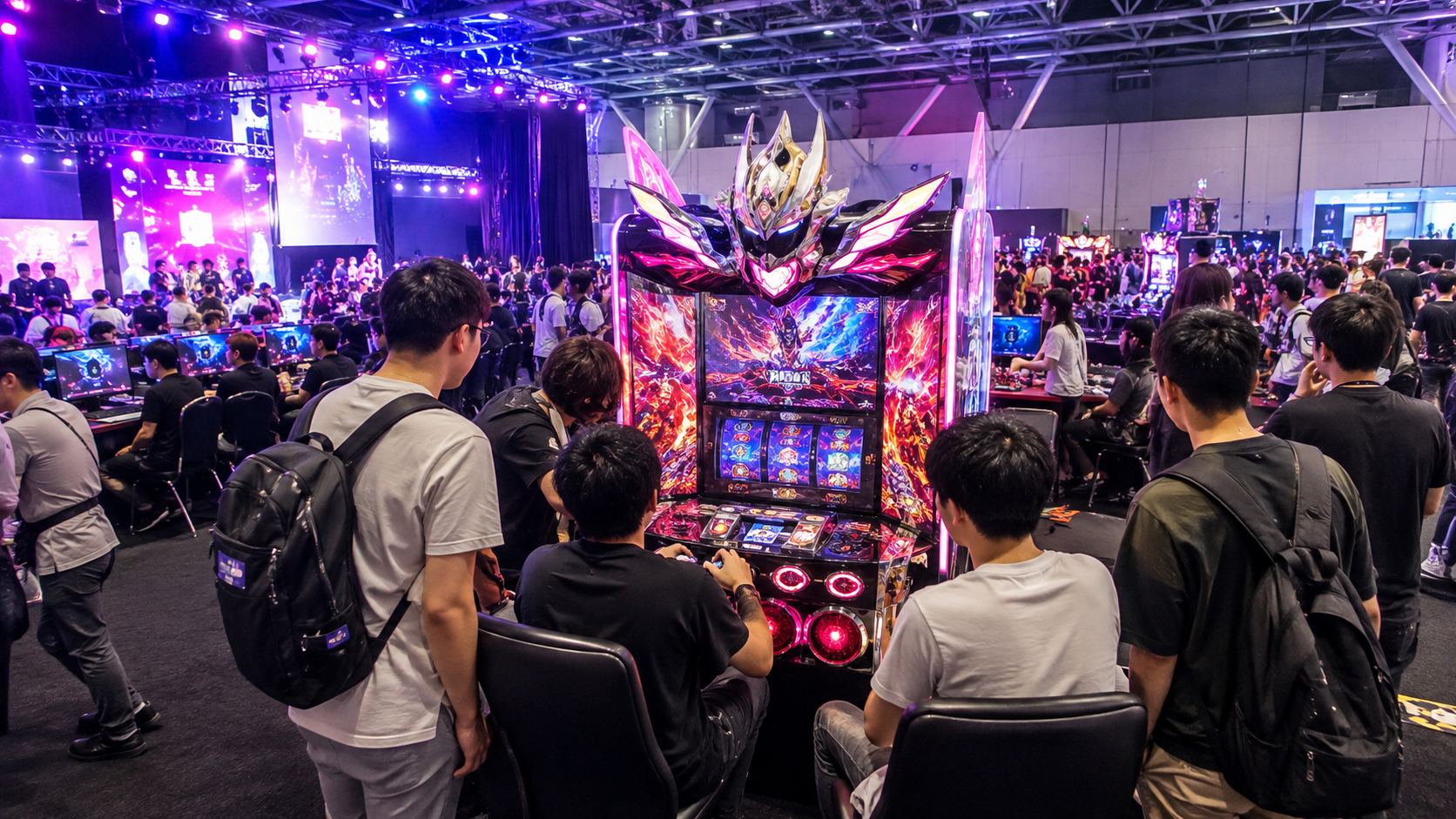 大型イベント会場で遊技機の試遊やゲーム競技を楽しむ来場者