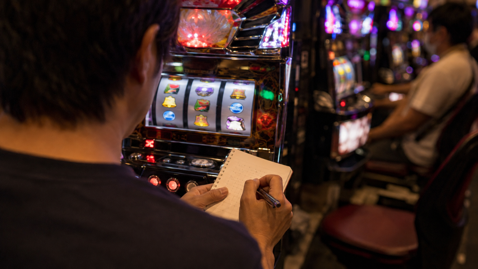 遊技中の台と周辺状況をノートに記録する客