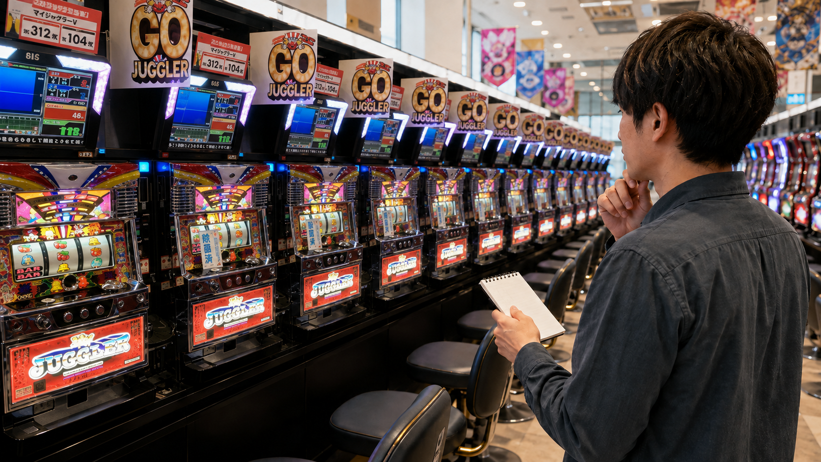 特徴の異なるパチスロ台を通路から慎重に見比べる遊技客