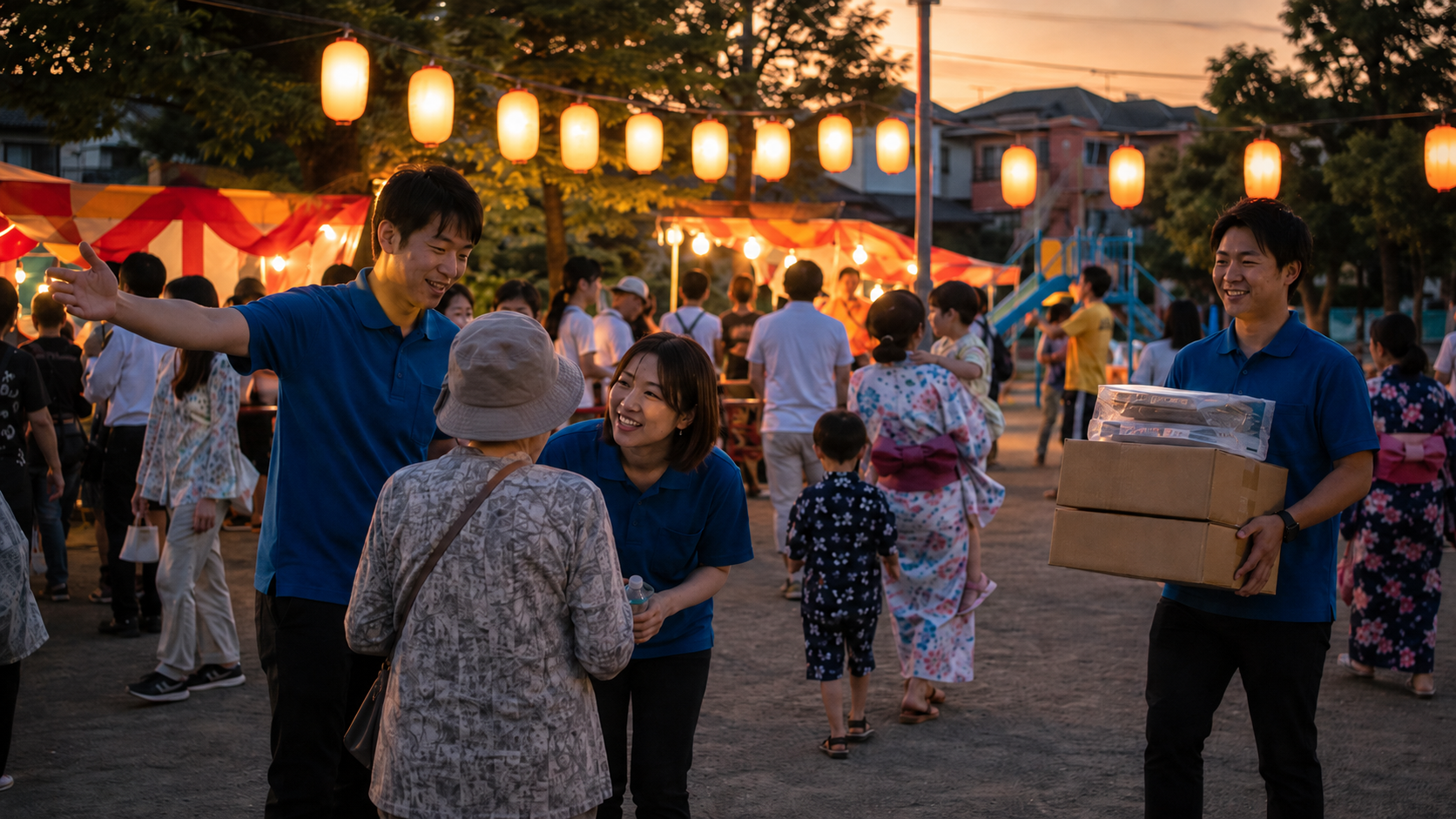 夏祭りの会場運営を手伝い地域住民と交流するホール企業のボランティア