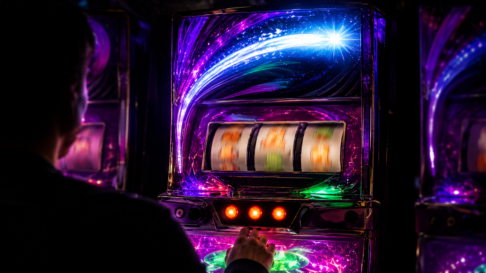 流れ星とオーロラの光に包まれてリールが激しく回転するパチスロ台