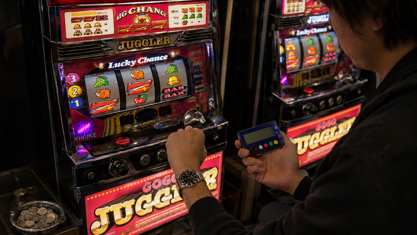 遊技を止めて残り時間とメダルを確認し続行を判断する遊技者