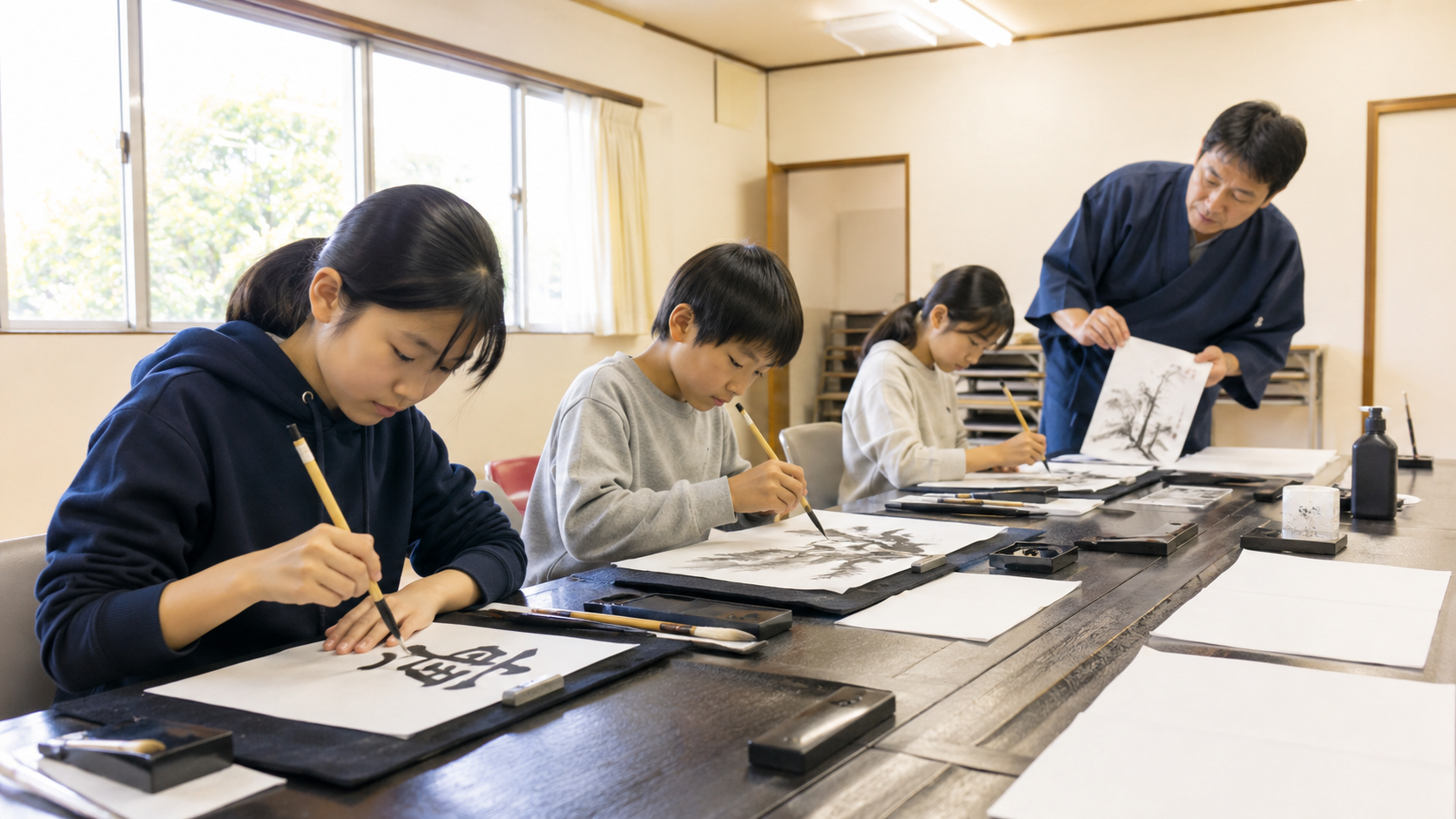 児童養護施設の書道・墨絵教室で筆を使う子どもたちと講師