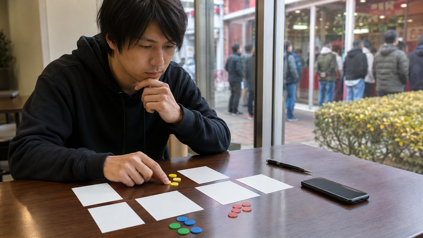 営業前に複数のホール候補を比較して計画を立てる客