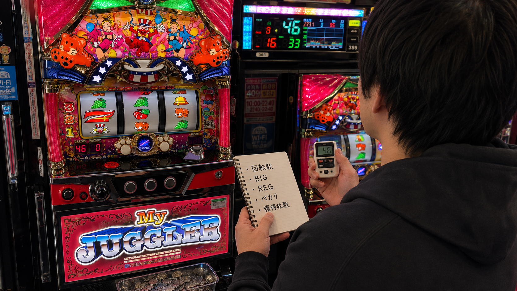 マイジャグラーVの回転数やBIG・REGなど複数の実戦データを確認する遊技客