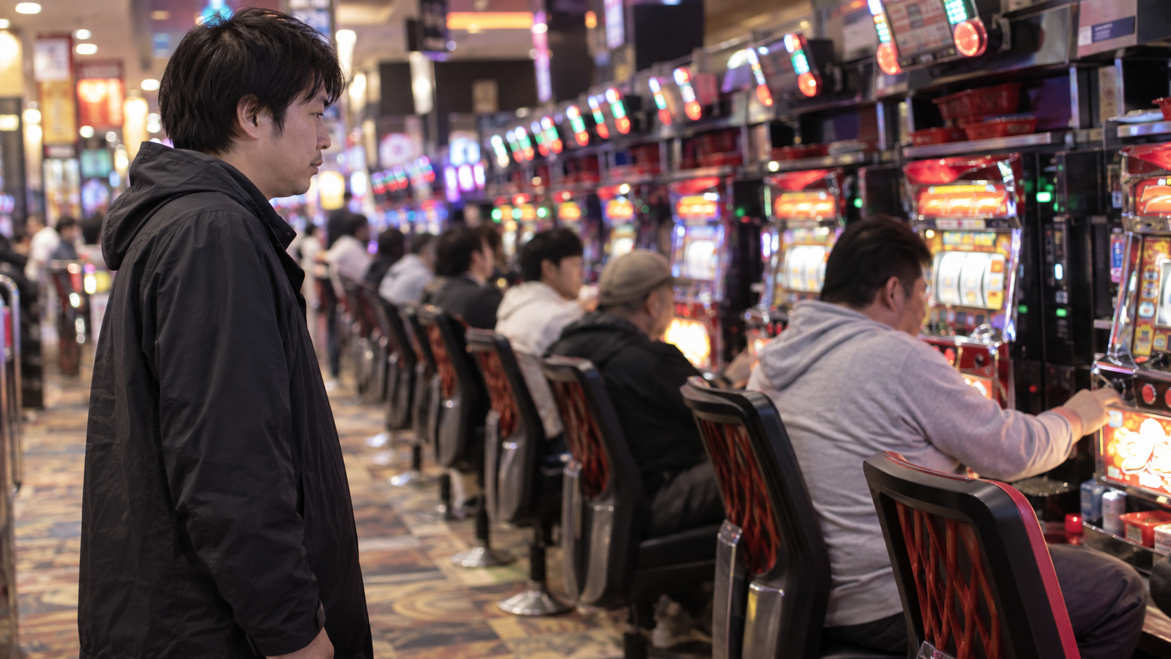 遊技中の席を通路から見つめる成人男性客