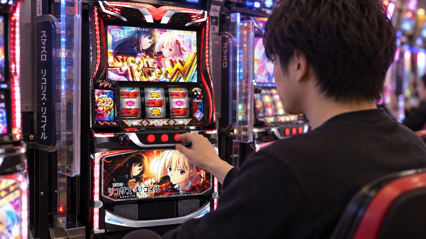 ホールで液晶演出を見ながら落ち着いて遊技する成人客