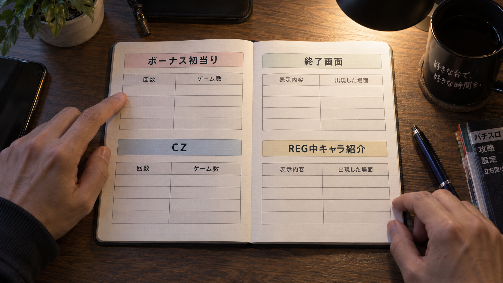 初当り・CZの集計欄と、終了画面・REG中キャラ紹介の記録欄を分けた実戦ノート