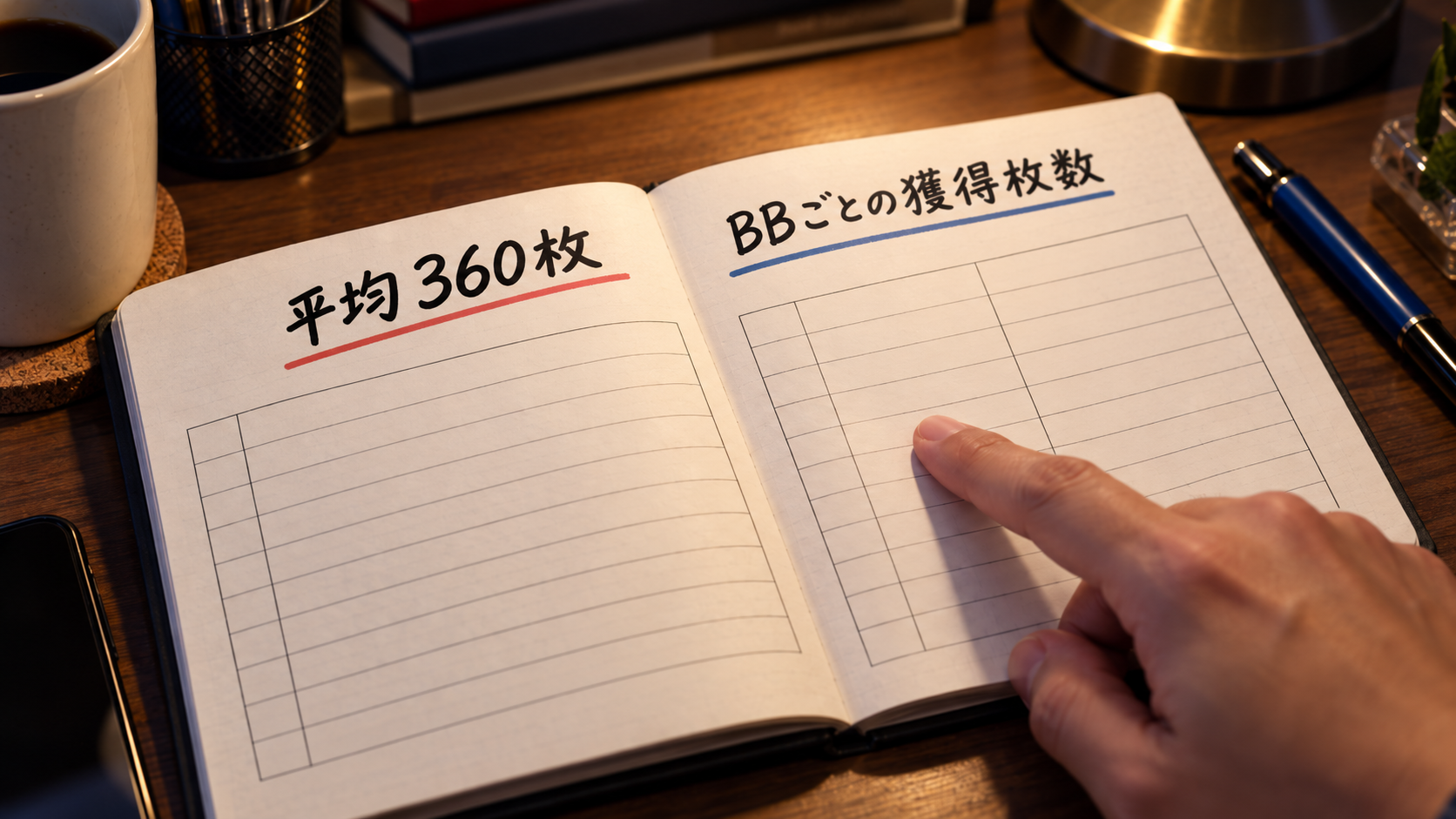 平均360枚の目安とBBごとの獲得枚数欄を分けた実戦ノート