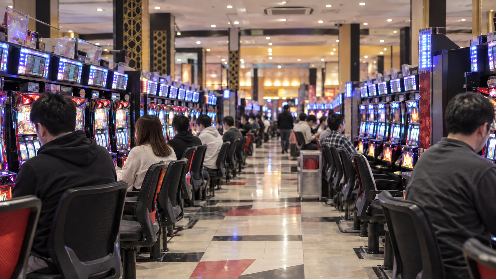 パチスロ台の列と遊技する成人客を通路から見渡したホール内のイメージ