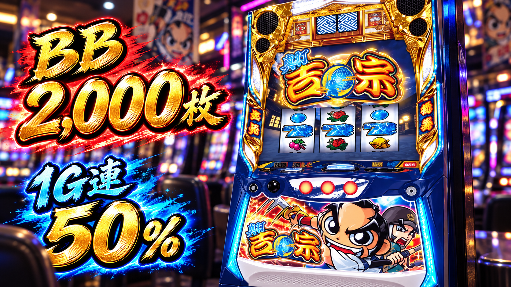 真打 吉宗の筐体と、BB2,000枚・1G連50％を示す解説見出し