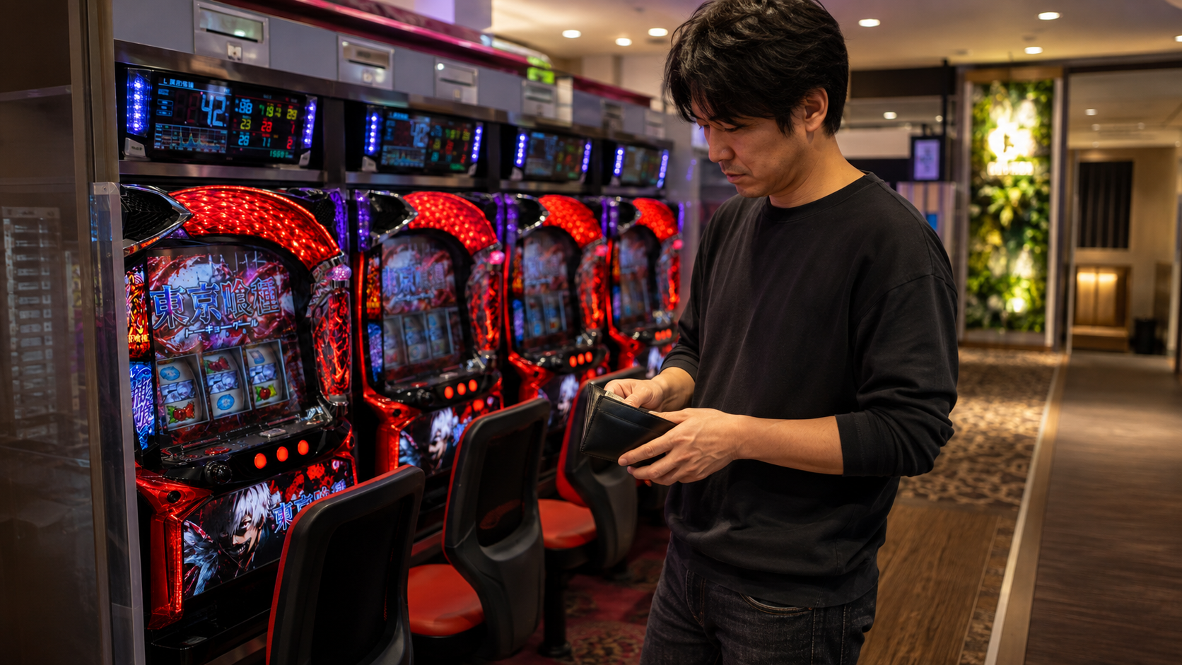 着席前に財布を確認して投資上限を決める遊技客