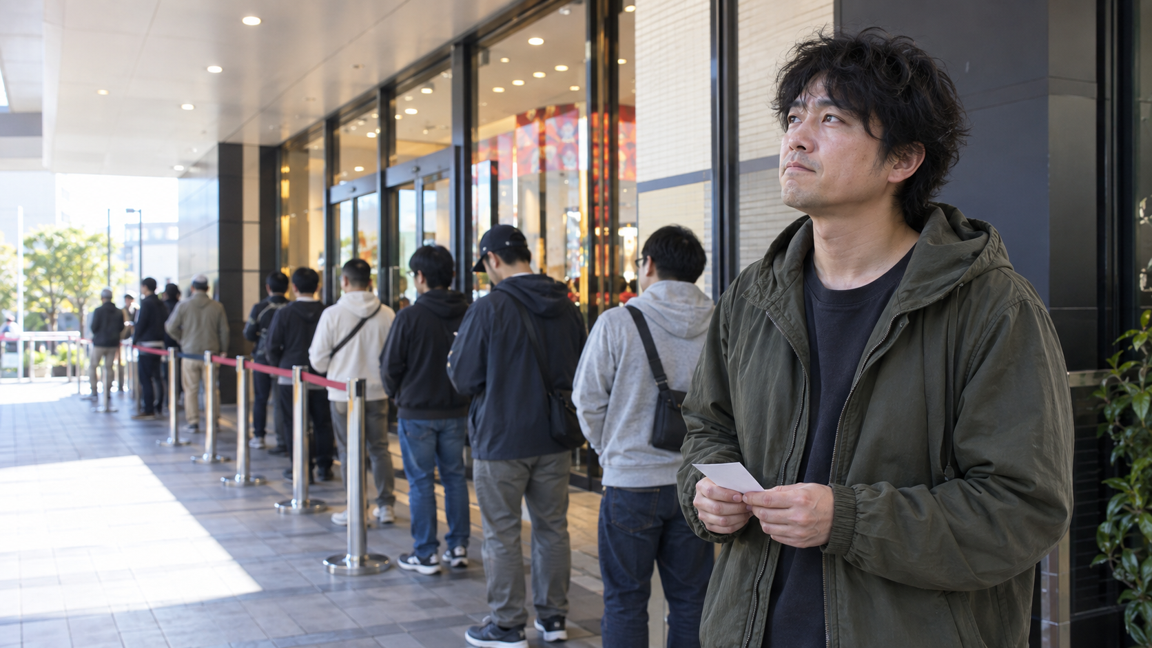 朝の抽選券を手に、ホール入口へ視線を向ける成人客