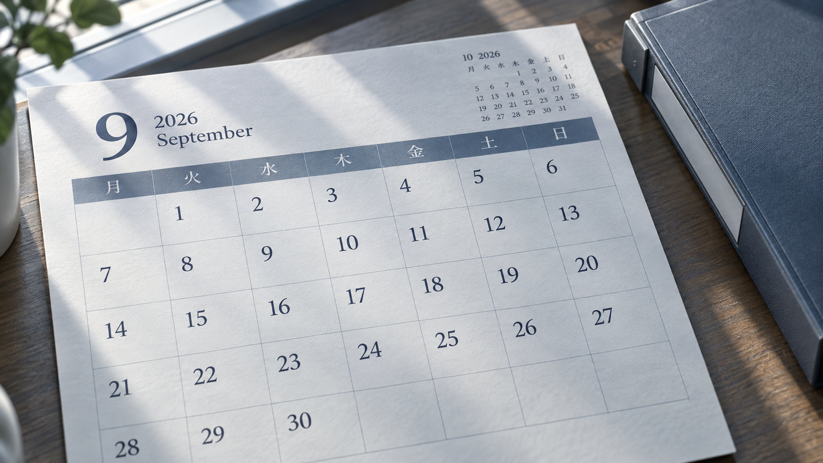 連続する三週間の日付に焦点を合わせた2026年9月のカレンダー