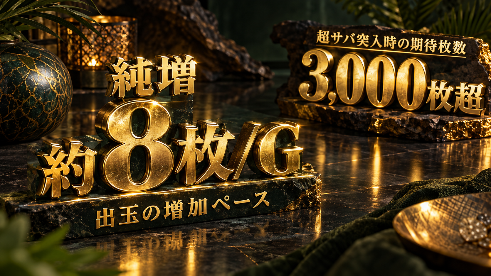 純増約8枚/Gと超サバ突入時の期待枚数3,000枚超を別々に示した立体文字
