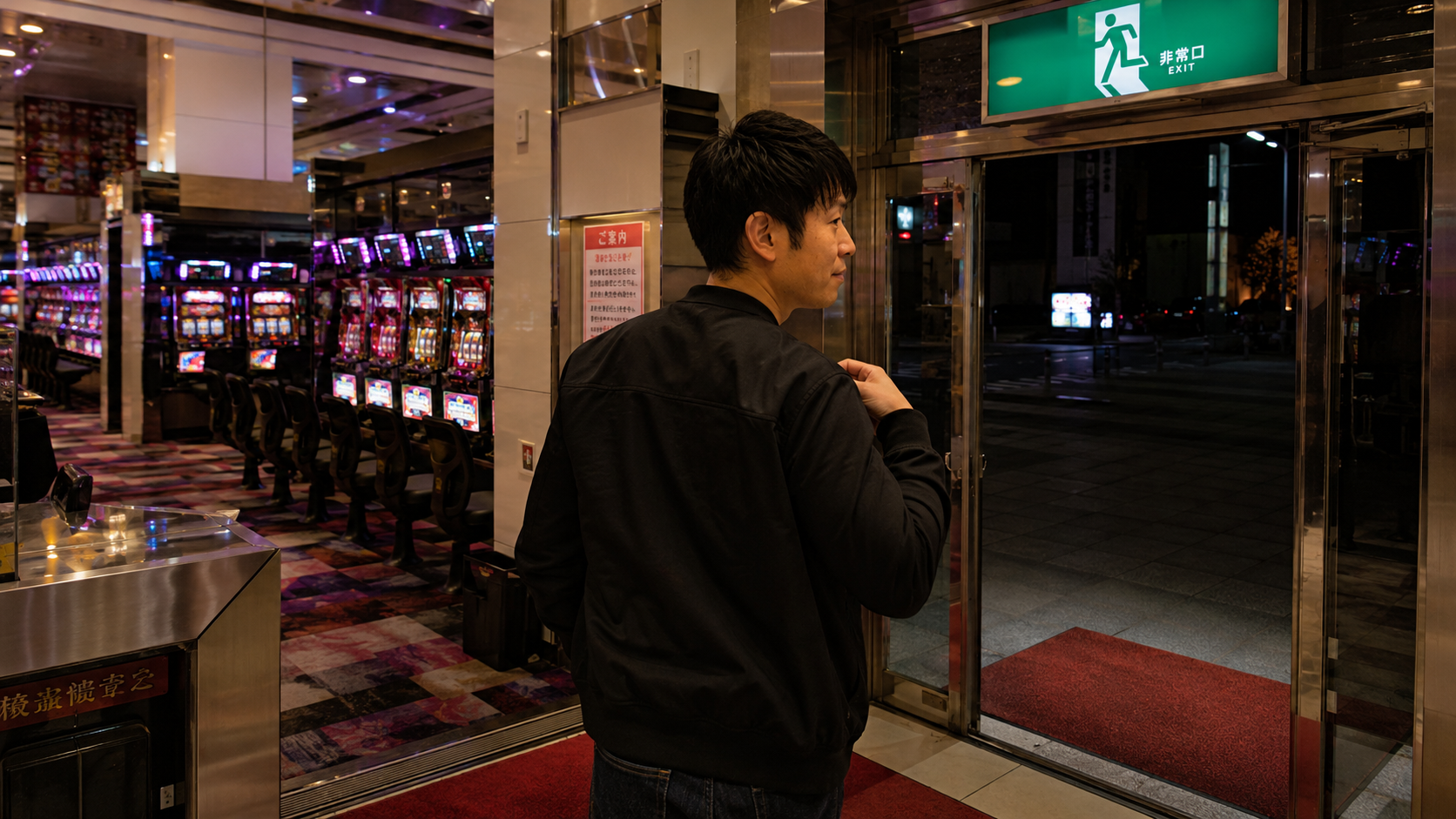 遊技後に筐体列を振り返りながらホールを出る男性