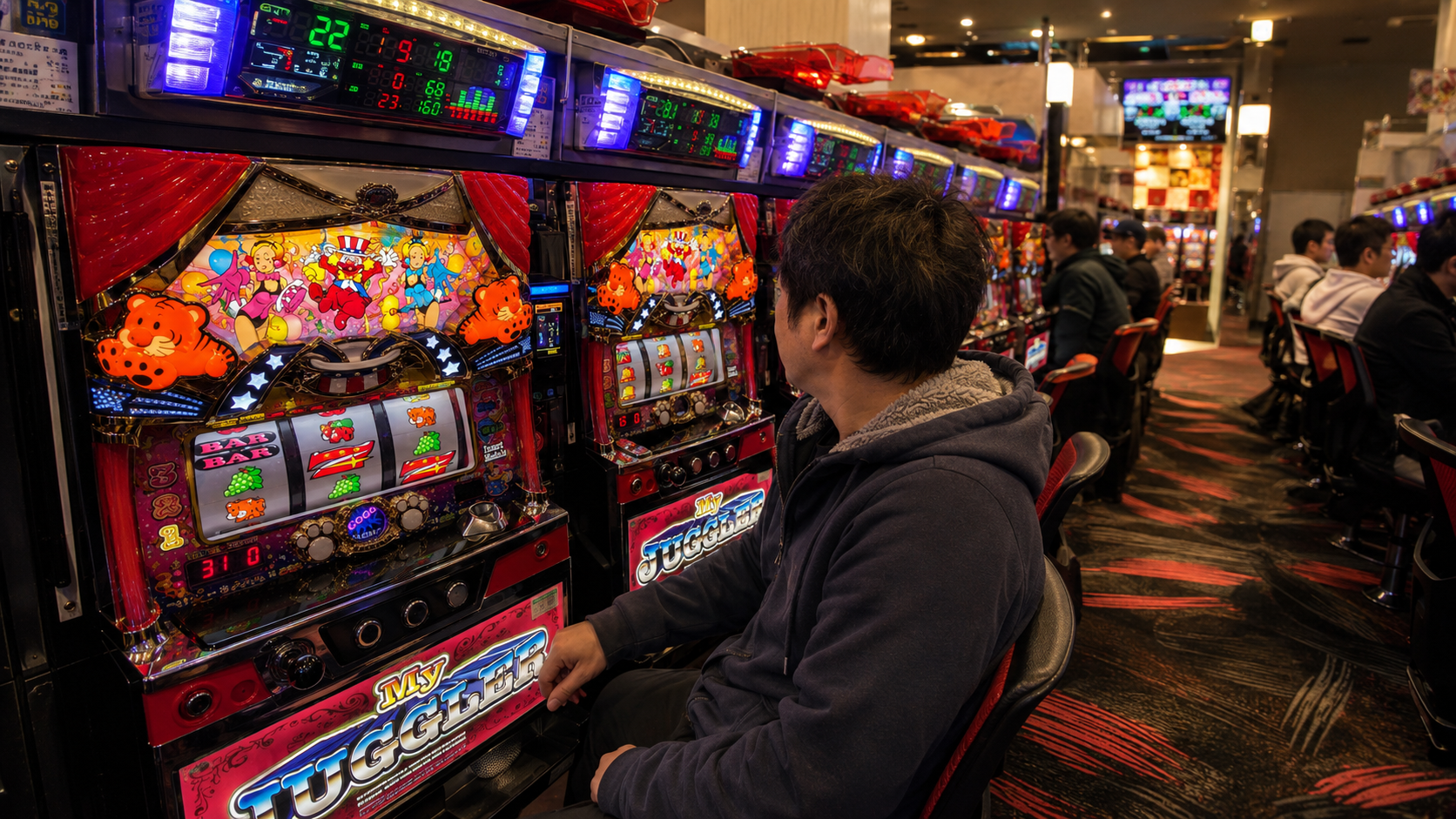 マイジャグラーVで遊技しながら島の奥へ視線を向け、周辺台の動きを確かめる客