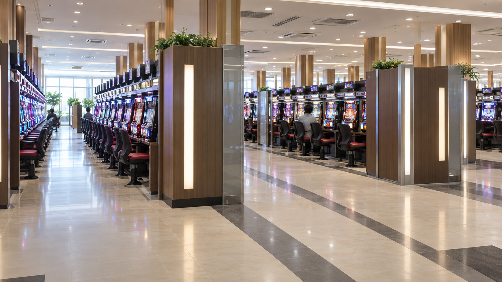 整然と並ぶパチスロコーナーを入口側から見渡す店内イメージ