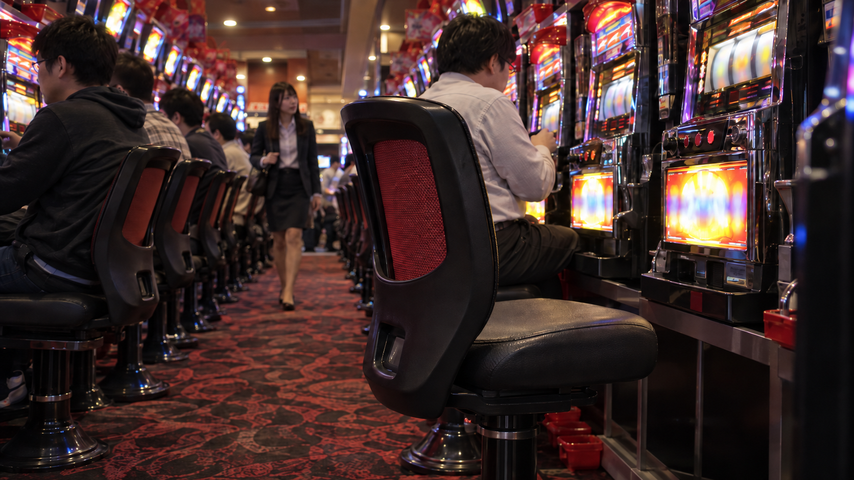 夕方のホールで、遊技客の間にある空席を確認する来店客