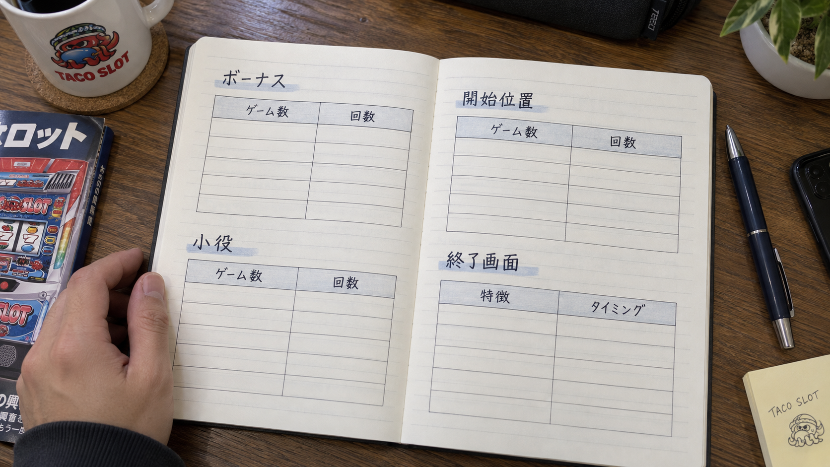 ボーナス、小役、終了画面で記録項目を分けたノート