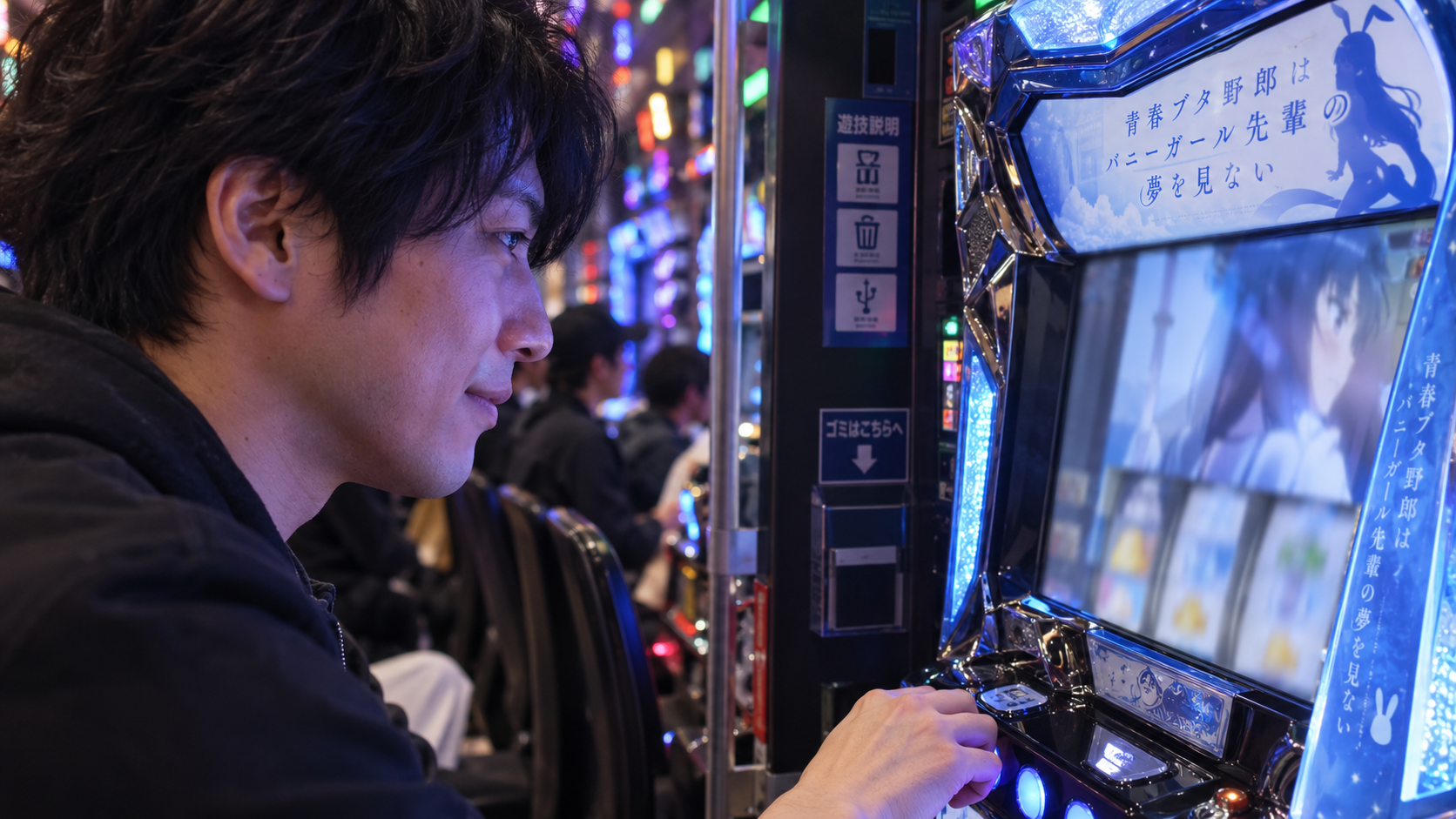 遊技画面に集中しながら操作する成人客の横顔
