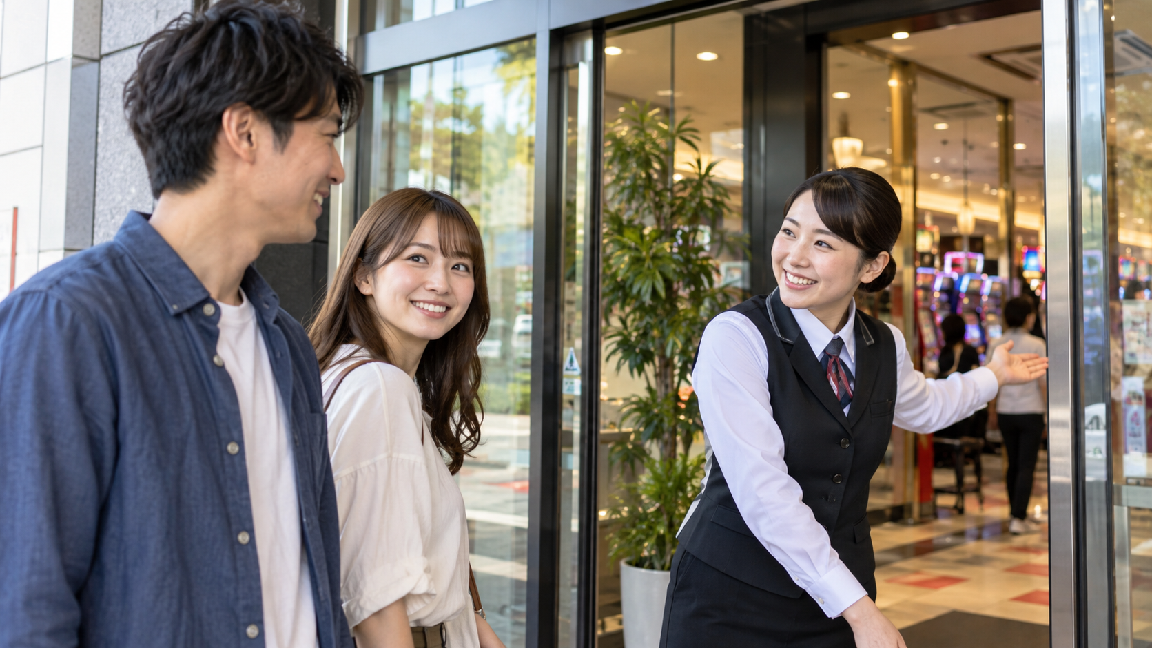 ホール入口でスタッフの案内を受ける成人来場者のイメージ