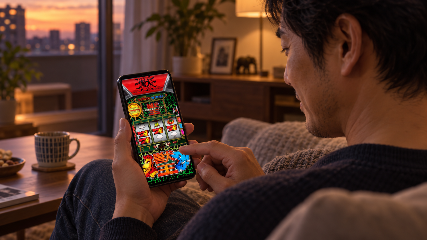 自宅のソファで獣王の実機シミュレーションをスマートフォンで楽しむ成人