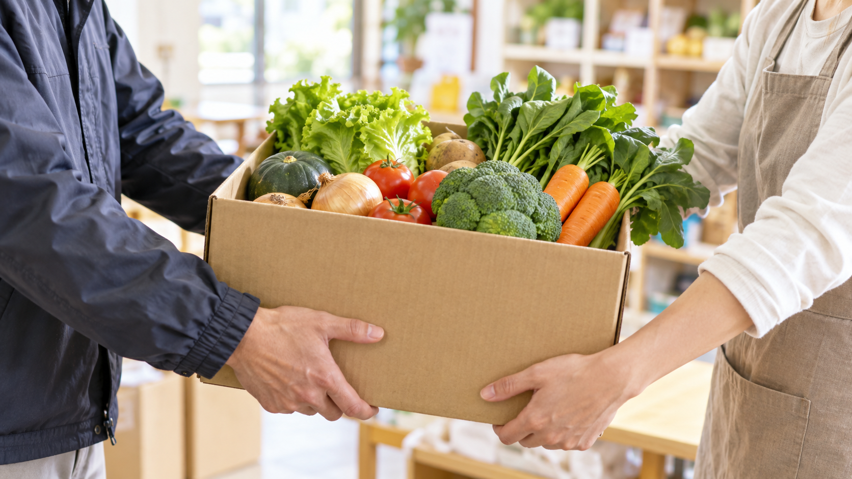 野菜の入った箱を丁寧に受け渡す食材支援のイメージ