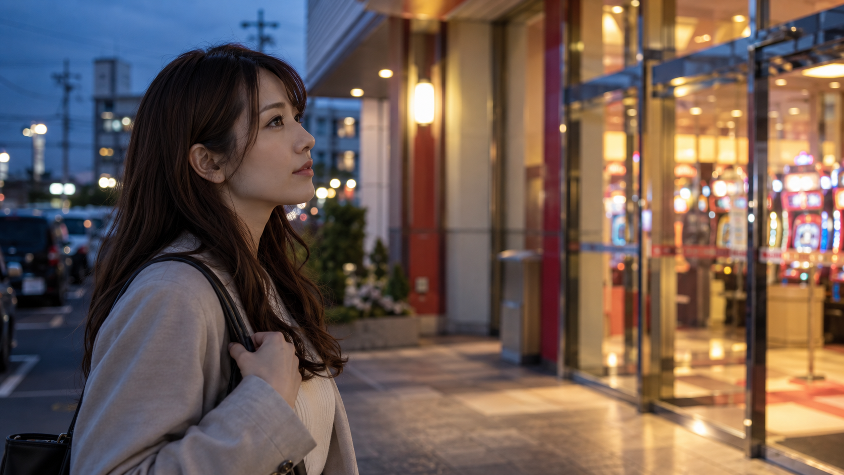 夕暮れのホール入口を落ち着いた表情で確かめる成人女性