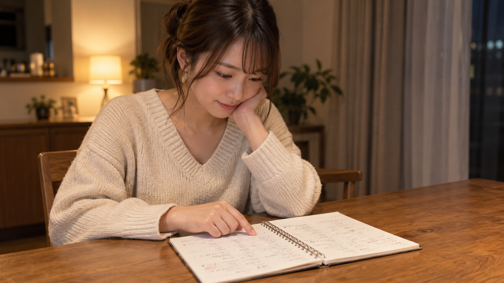 帰宅後に実戦ノートを読み返し、判断を振り返る成人女性