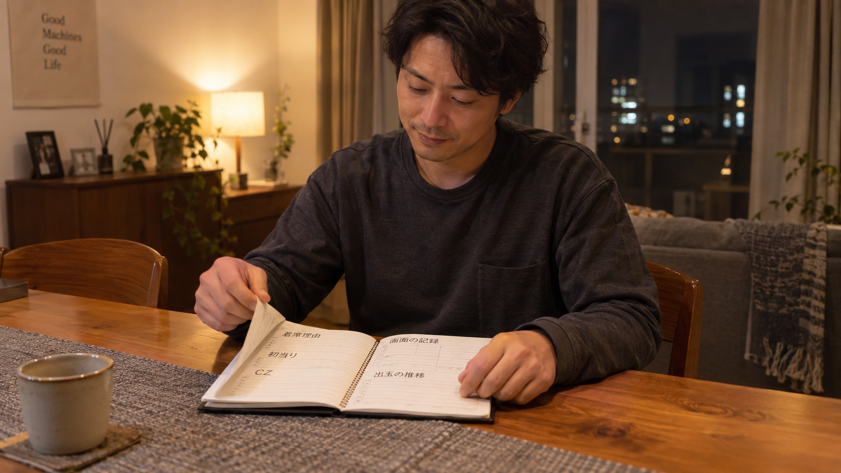 自宅で実戦ノートを読み返し、着席理由から出玉の推移まで振り返る成人