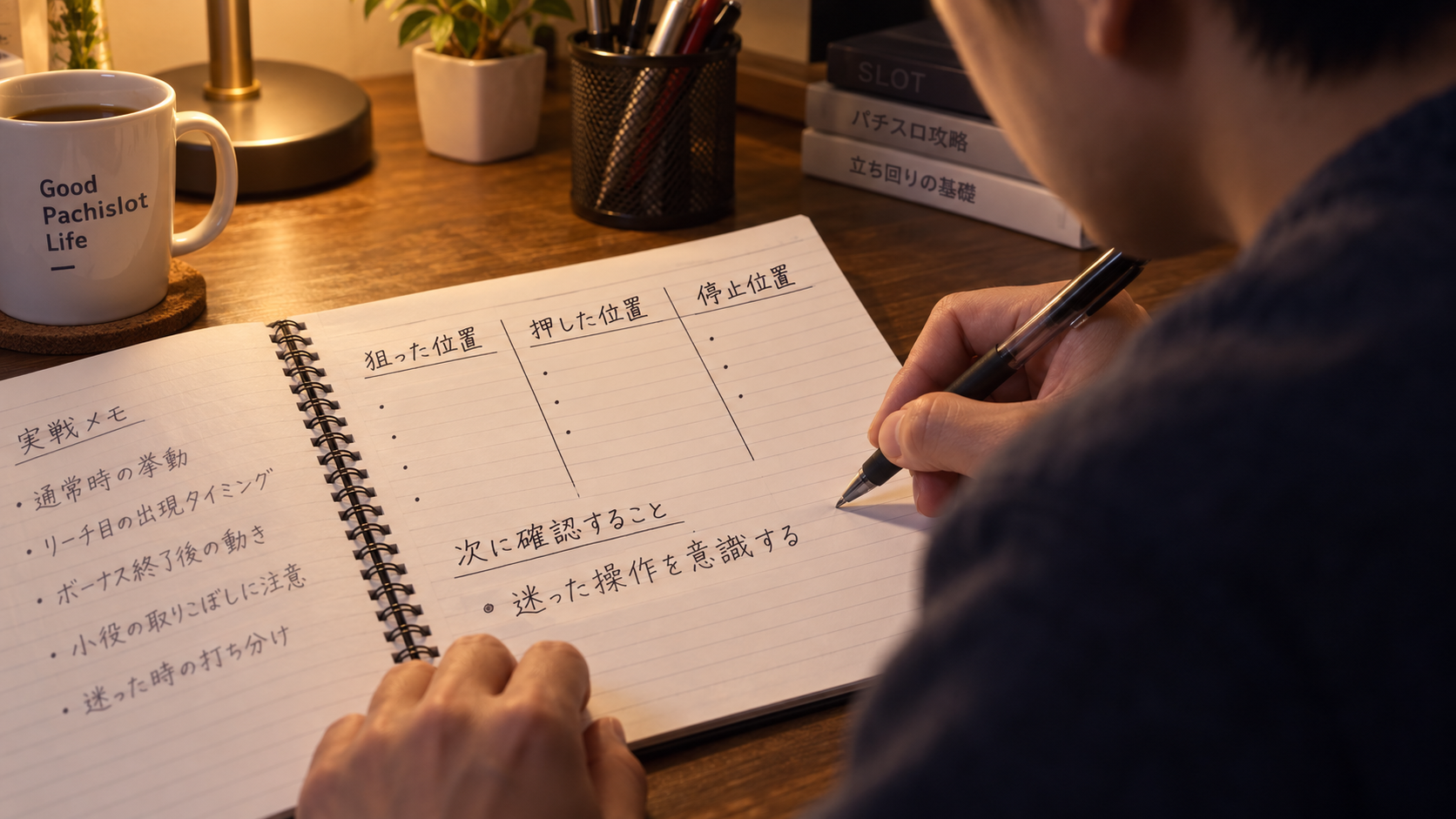 実戦ノートに次回確認したい操作を書き添える手元